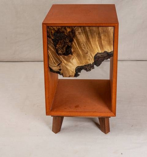 Walnut wood service table with orange MDF