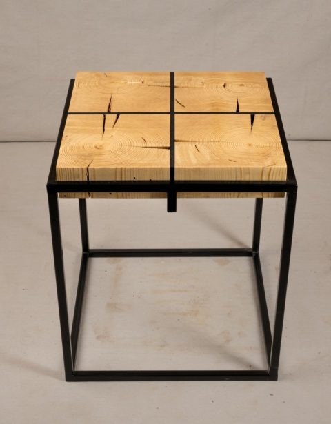 Pine wood table with matte black iron base