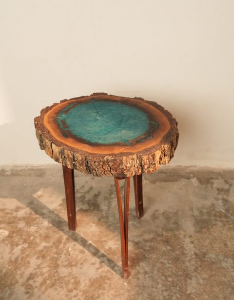 Walnut table with circular resin