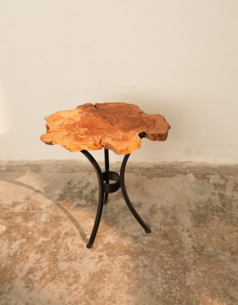 Olive wood table with iron legs